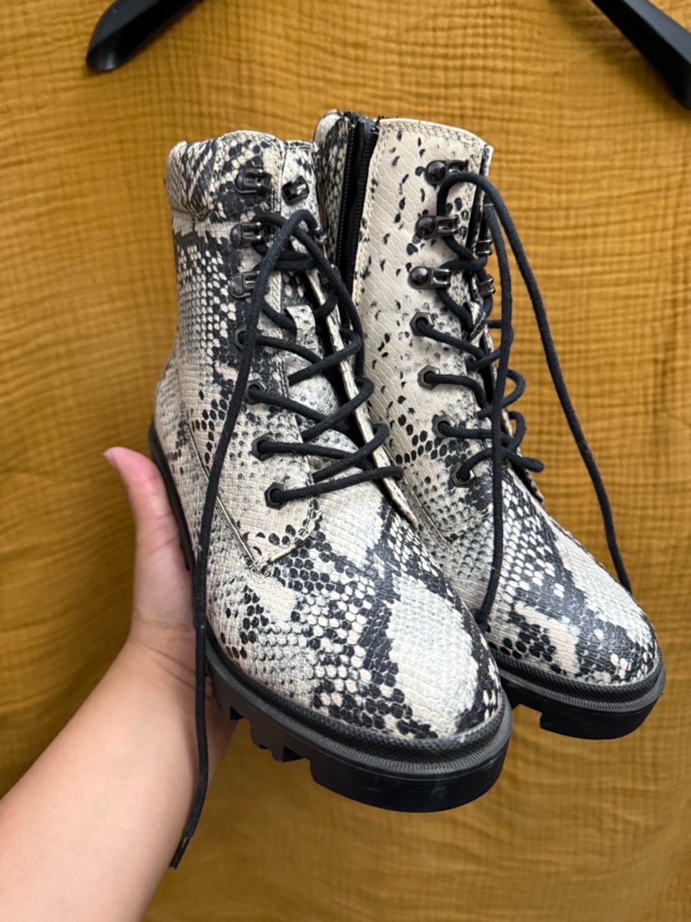 Madden Girl Snake-Print Lace-Up Ankle Boots - Cream and Black